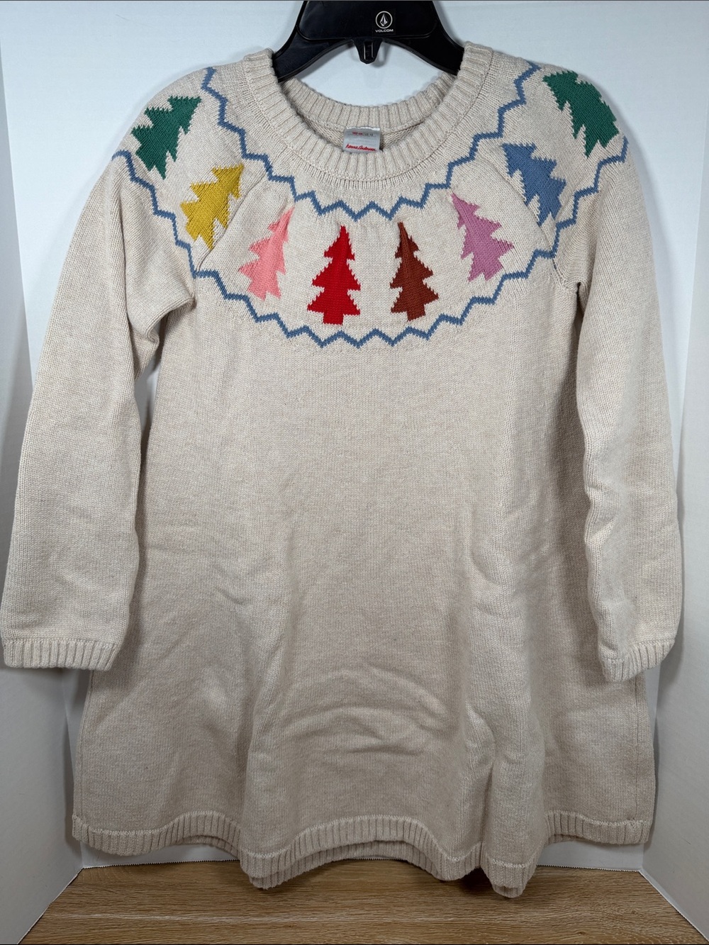 Hanna Andersson Cream Knit Sweater Dress with Multicolor Tree Motif